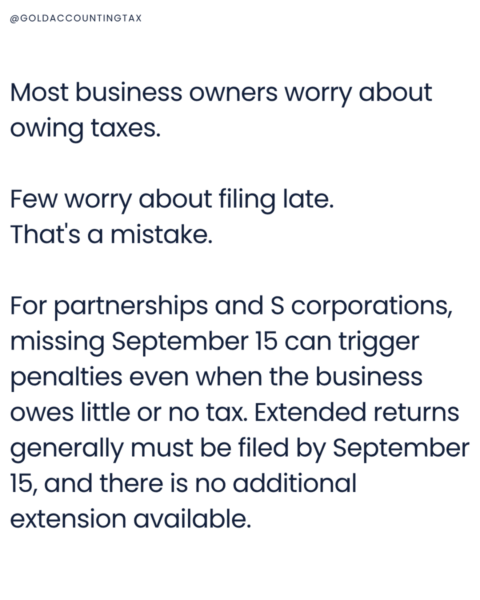 goldacctingtax's tweet photo. A missed deadline today can create a costly chain reaction tomorrow.
#taxpenalties #taxfiling #businessowner #realestateinvesting #scorp #partnership #taxprofessional #financialplanning #taxstrategy #commercialrealestate #wealthmanagement #cpafirm #businesssuccess https://t.co/9L3bNzvs2R