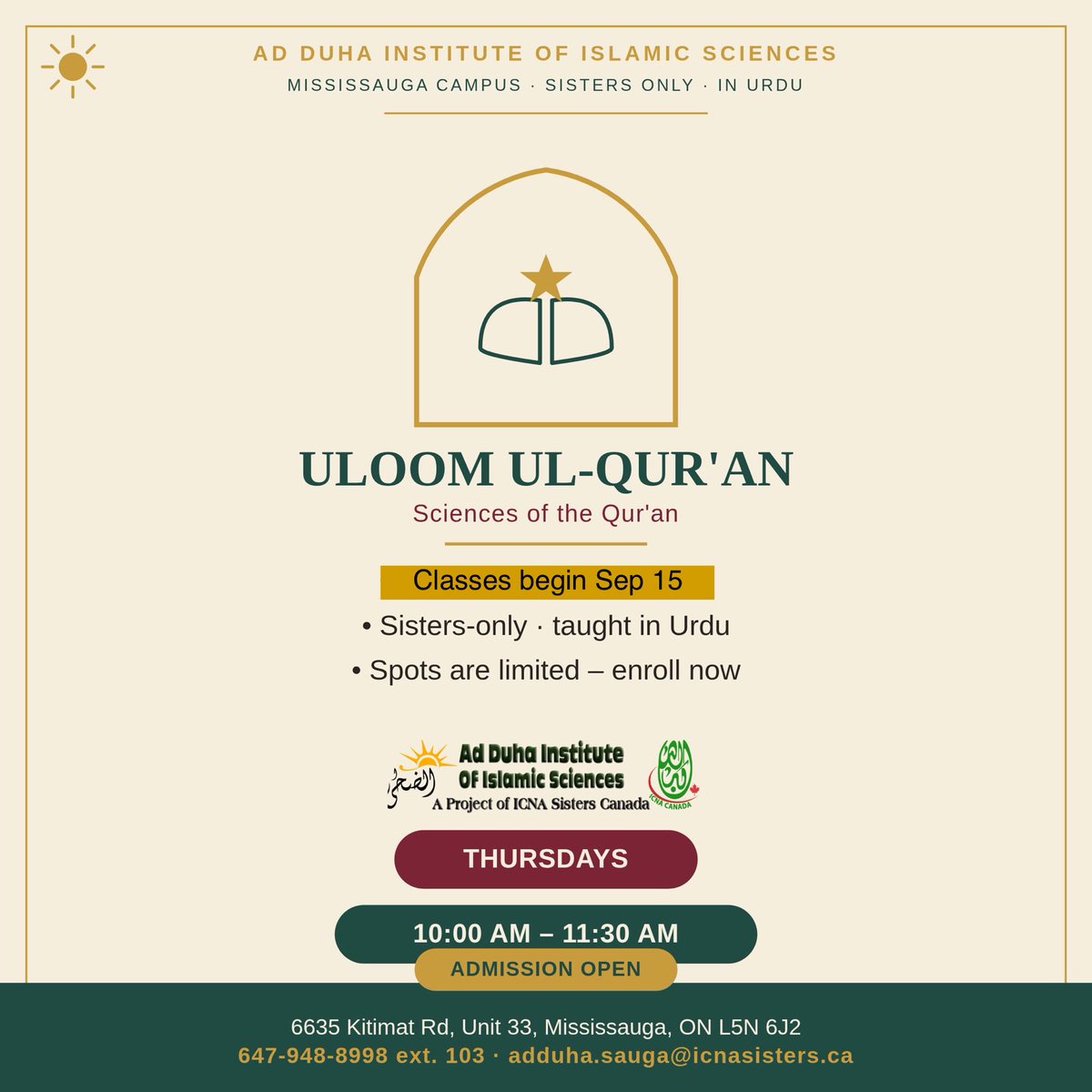 icna_sisters_mi's tweet photo. New this semester: Uloom ul-Qur'an — the Sciences of the Qur'an.
Thursdays, 10:00–11:30 AM. Classes start 15th Sept 2026 — spots are limited, enroll now.
Register: https://t.co/b1S0JSq93N
#UloomulQuran #AdDuhaInstitute #SistersOnly https://t.co/BbY5b6XUSM