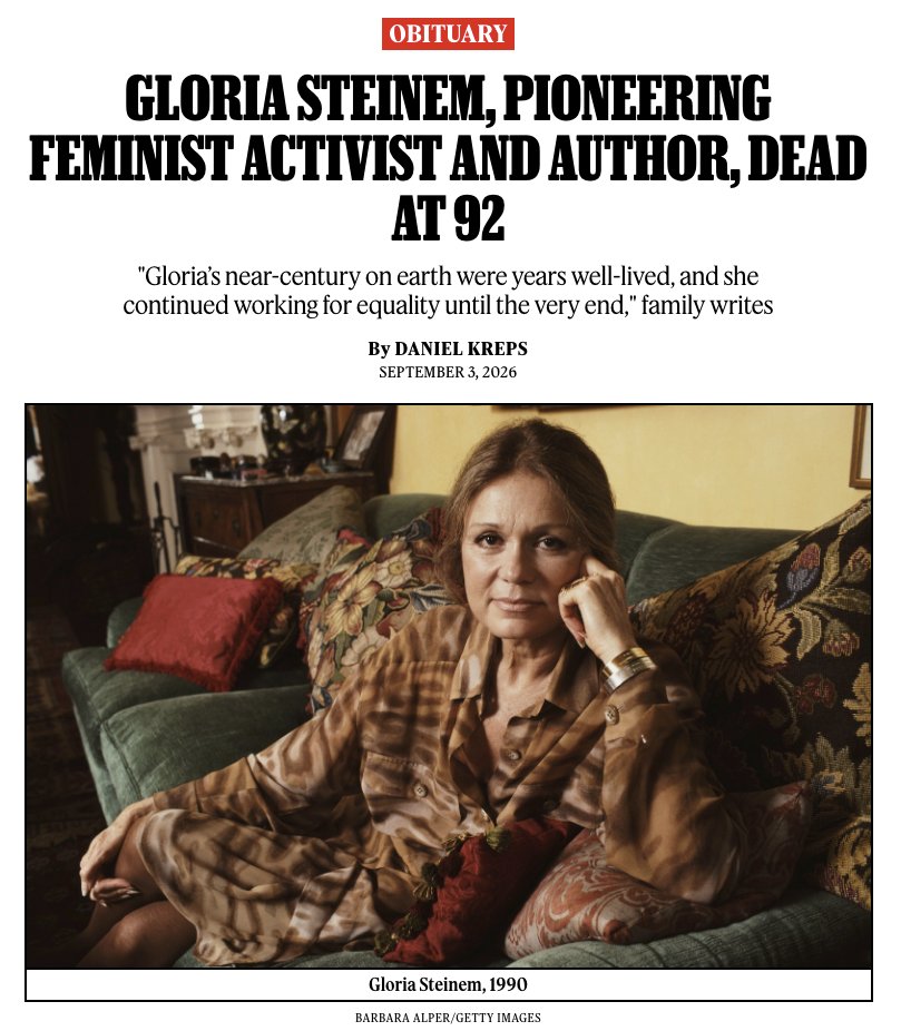RollingStone's tweet photo. Gloria Steinem, pioneering feminist, founder of 'Ms. Magazine,' and the unflagging force behind the Equal Rights Amendment, has died at the age of 92.

Read: https://t.co/ETIAPrIbKV https://t.co/vcnfJrUOFz