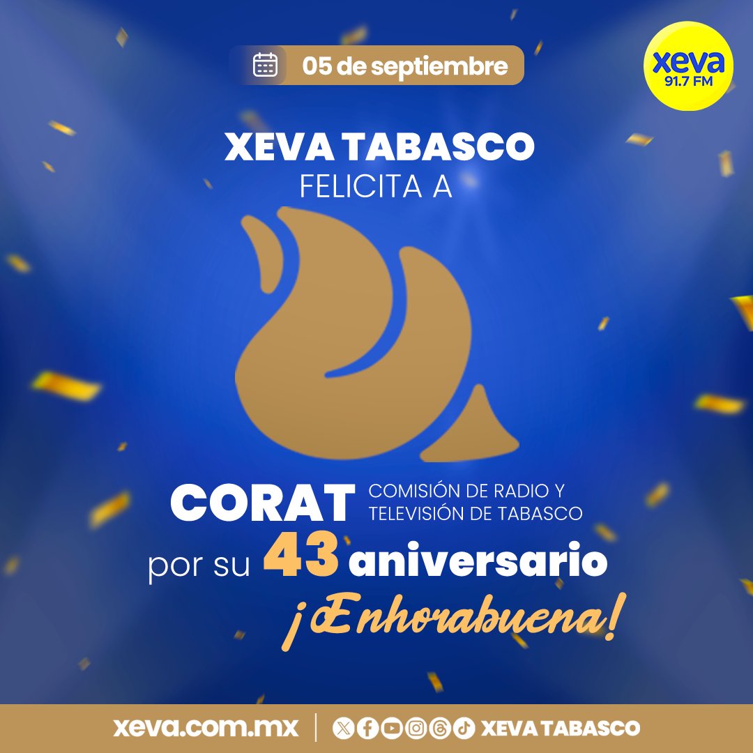 XEVATabasco's tweet photo. 🎉 XEVA FELICITA A CORAT POR SU 43 ANIVERSARIO

Desde #XEVA felicitamos a #CORAT por 43 años de trayectoria, compromiso y servicio a Tabasco. 📻

✨ ¡Enhorabuena por este gran aniversario y por muchos años más de éxito!

#XEVA #Noticias #Tabasco #Radio https://t.co/CdGLQ6g8wu
