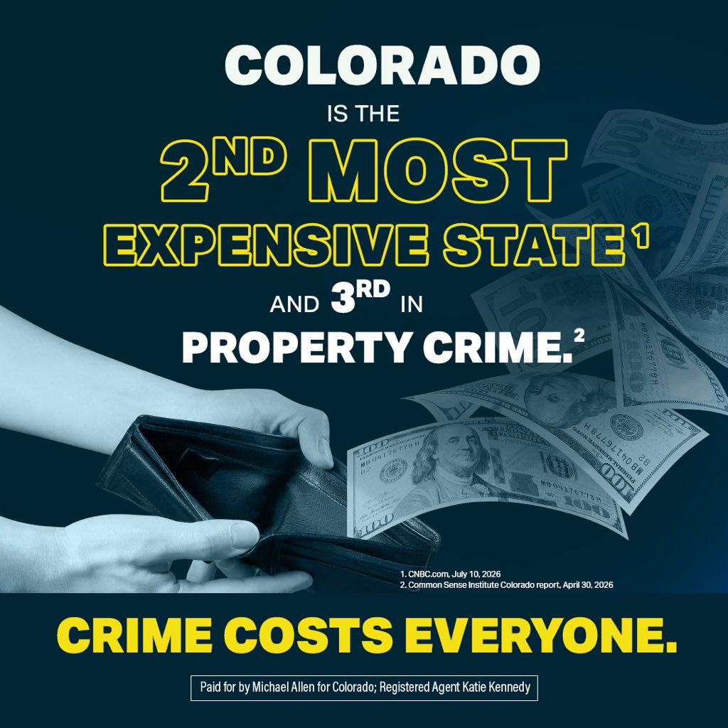 MichaelAllen4CO's tweet photo. In Colorado, crime is up and so is the cost of living. We can't go on living like this - vote for change! https://t.co/oTiEb9Y3F5
