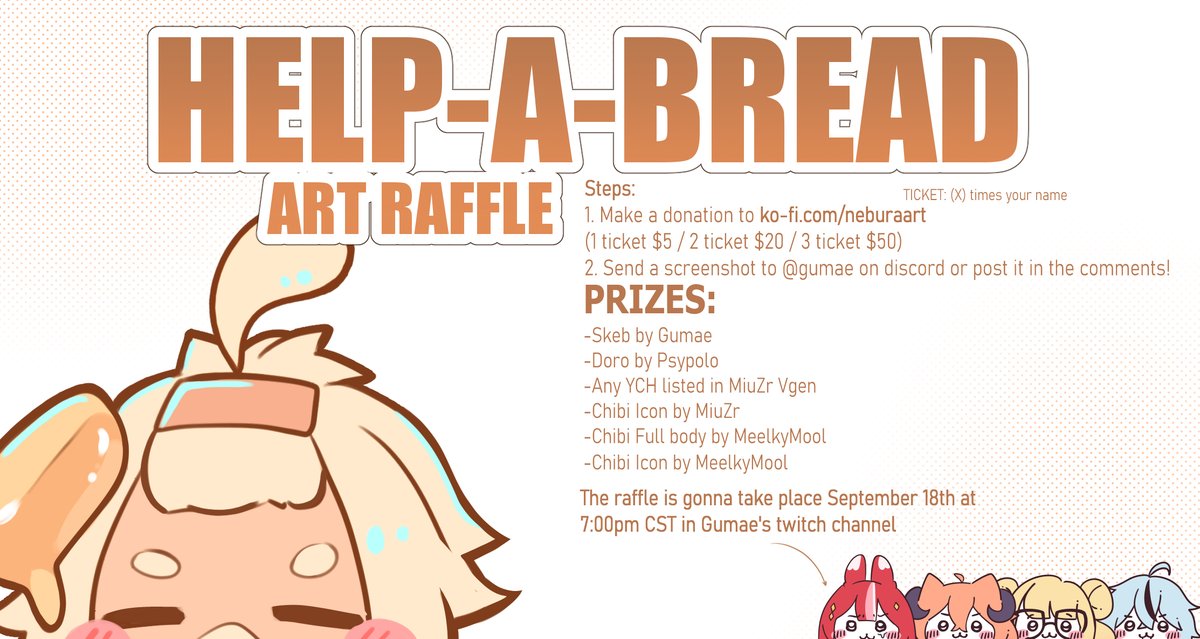 GumaeArt's tweet photo. Get a chance to win some art prizes! 🍞
We're hosting a small art raffle to help a friend and his living situation 🥖

1. Make a donation to the link below (ticket starting from 5USD)
2. Send screenshot of the donation to my discord (gumae) or post it in the comments! https://t.co/ID0IlSR5sD