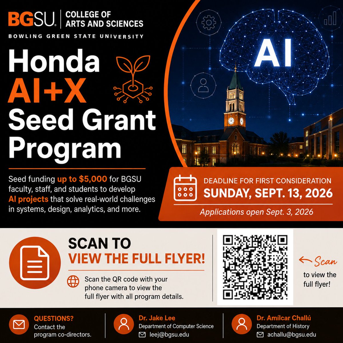 JK_Jake_Lee's tweet photo. @bgsu @ArtSciBGSU @BGSU_CS 

BGUS students! Got an AI project idea? Get funded! Due Sept. 13, 2026. https://t.co/wqD46HTOOm