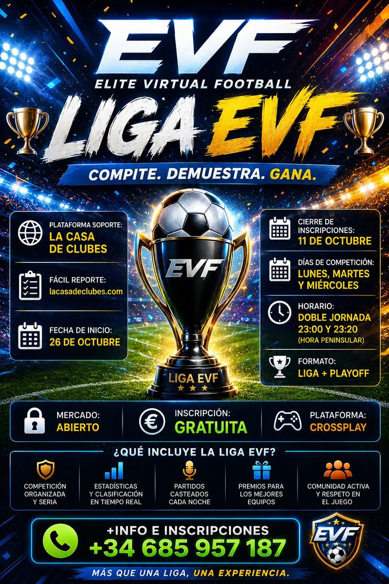 LigaEVF's tweet photo. Vuelve EVF España!
Web: https://t.co/IhmiwohJCA
Días: Lunes, martes y miércoles
Hora: 23:00 y 23:20
Formato: ligas+playoff
+info: MD

@LaCasadeClubes⚽
@easportsfces🎮
@_chocolate3000🏟️
@mundillo_futbol🌍 
@ComunidadClubes🥅
@ComunidadClubs🫂
@ComunidadCpro🎙️
#StopRacismo🍉 https://t.co/cYS1aOlJaw