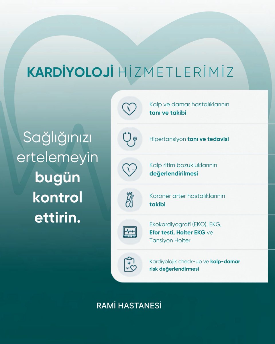 RamiHastane's tweet photo. Kalbiniz bizim için değerli❤️

Kalp ve damar sağlığının korunmasında düzenli kontroller ve erken değerlendirme büyük önem taşır.

Kardiyoloji Bölümü’nde; kalp ve damar hastalıklarının tanı ve takibi, hipertansiyon, ritim bozuklukları, koroner arter hastalıkları ile kardiyolojik risklerin değerlendirilmesine yönelik hizmetler sunulmaktadır.

EKO, EKG, efor testi, Holter EKG ve tansiyon Holter gibi kardiyolojik değerlendirmelerle kalp sağlığınızı yakından takip ediyoruz.

Sağlığınızı ertelemeyin, kontrollerinizi ihmal etmeyin.

📞 Detaylı bilgi ve randevu için bizimle iletişime geçebilirsiniz.

*Bu içerikte stok destekli görsel materyallerinden faydalanılmıştır.

#kardiyoloji #kalpsağlığı #hipertansiyon #ekg