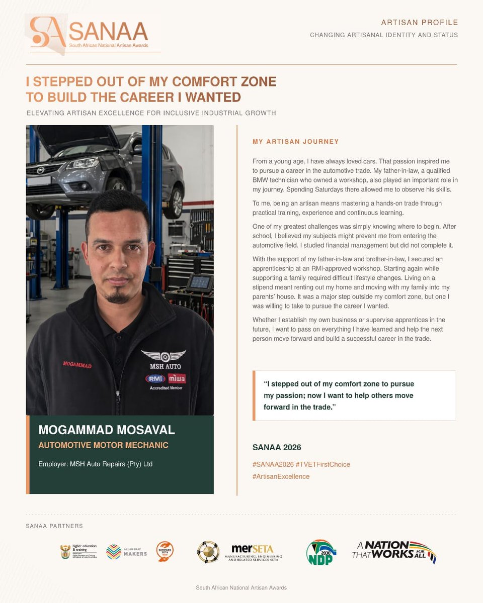 merSETASocial's tweet photo. *Mogammad Mosaval – Automotive Motor Mechanic* 

🚗 “I stepped out of my comfort zone to pursue my passion.”  

Mogammad’s love for cars and determination led him from apprenticeship to MSH Auto Repairs. https://t.co/pF2iyoD8zh