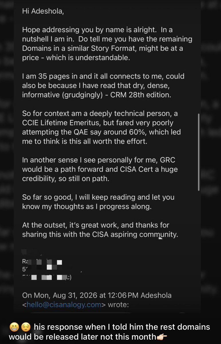adesh1624's tweet photo. I got a review from a complete stranger who is VERY technical in the field!!!

The euphoria! 😭😂

As he continued reading, the feedback kept getting better and better, to the point that he was disappointed I’m not releasing the rest of the domains this month. 😂

Please, hold on! 😁🫠
Let me gather more feedback first and use it to improve the rest. They’re already drafted!

But the biggest highlight for me?

He holds CCIE Lifetime Emeritus status.

For context, Cisco says Lifetime Emeritus status requires maintaining CCIE Active or Emeritus status for at least 20 consecutive years.

So we’re talking about someone deeply technical, with decades behind the credential, who has also read the 28th Edition CISA Review Manual cover to cover.

For someone with that level of technical depth and experience to read my book and actually find that it resonated with him meant A LOT to me. 🥹

And then someone else said reading it felt like they were reading The Phoenix Project.

THE PHOENIX PROJECT??? 😭

Comparing my book to The Phoenix Project?

I am so glad, honestly! 🥹❤️

#CISAnalogy #CISA #ISACA #Cybersecurity