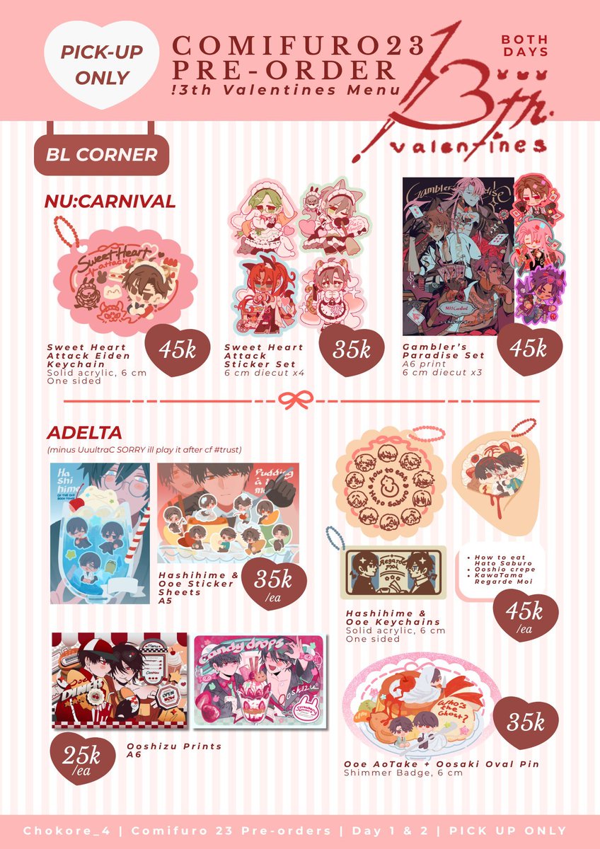 Chokore_4's tweet photo. [🩷rt] #CF23 PO Open!

PICKUP ONLY!! (both days)
📅 3 Sept - 10 Sept
🐇 Min order 30k
🍓 Fandoms: Ooe, Nu:Carnival, FFXIV, GBF, HxH, KnB, KAITO, Arknights, HSR
💗GOs dm beforehand if there are any!

🔗 form below
#comifuro23 #cf23catalogue https://t.co/AZv2gnKMO6