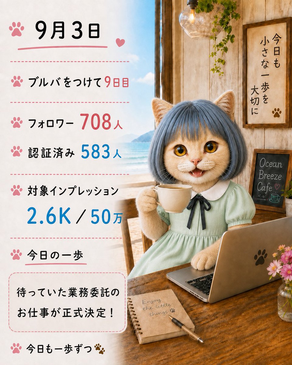 katydesignworks's tweet photo. 【𝕏本格始動9日目の記録🐾】

今日は、ずっと待っていた
業務委託のお仕事が正式に決まりました🎉
フォロワー708人
認証済み583人
対象インプレッション2.6K／50万

新しいお仕事も大切にがんばります🌱
おやすみなさい🌙 https://t.co/thokPQ9nLP