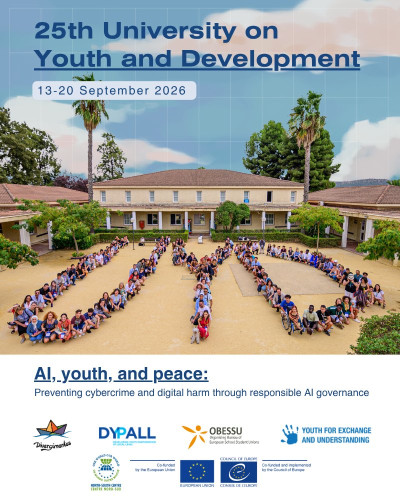 NSCentre's tweet photo. 🚀 In 10 days, the 25th University on Youth and Development opens in Spain (13–20 Sept 2026)!

📚Guided by @coe’s legal standards, participants will build skills for AI, digital safety, and responsible AI governance.

🔗More: https://t.co/LCIhKzk91h

#UYD2026 #iLEGEND #Youth https://t.co/0j4imhjjnb
