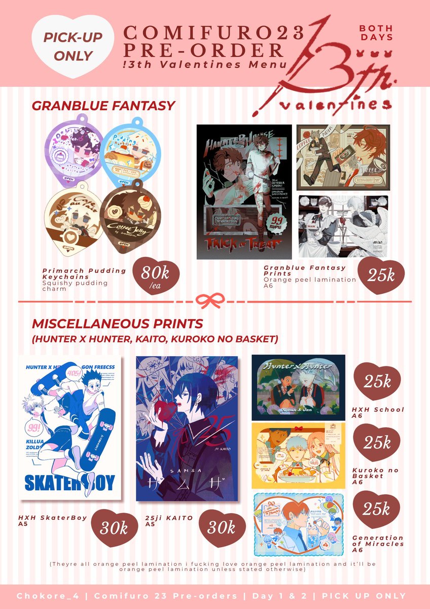 Chokore_4's tweet photo. [🩷rt] #CF23 PO Open!

PICKUP ONLY!! (both days)
📅 3 Sept - 10 Sept
🐇 Min order 30k
🍓 Fandoms: Ooe, Nu:Carnival, FFXIV, GBF, HxH, KnB, KAITO, Arknights, HSR
💗GOs dm beforehand if there are any!

🔗 form below
#comifuro23 #cf23catalogue https://t.co/AZv2gnKMO6