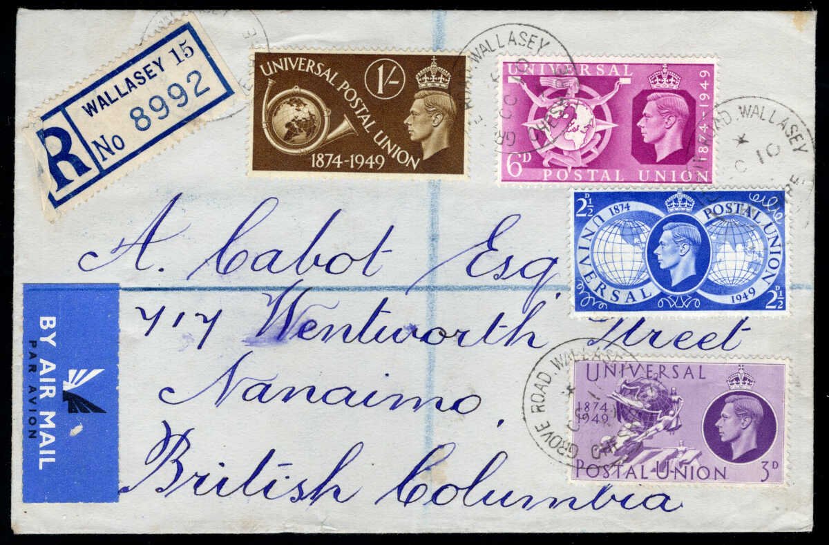 AllNations1949's tweet photo. Great Britain #276-279. 10 Oct 1949 Wallasey Registered U.P.U. Set First Day Cover to Captain Cabot in Nanaimo (4) Lot 139 in our 5 Sept sale. View and bid on the auction page of All Nations' website.
#firstdaycovers https://t.co/r4SmTCQz4g