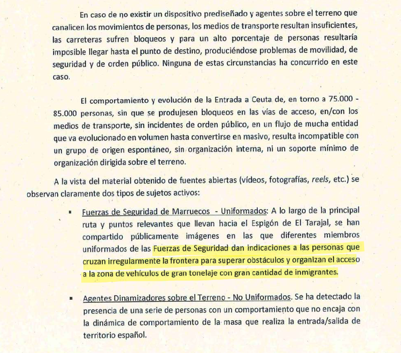 comuflauta's tweet photo. En el propio informe de la policía hay varios puntos que encajan mucho con lo que algunos hemos defendido por aquí:

1. Que no existen indicios de que esto haya sido causa de las Organizaciones Criminales.

2. Que la finalidad de este ataque ha sido otra muy diferente a la migratoria y a la búsqueda de ayuda.

3. Que Marruecos estuvo operando y ayudando a los inmigrantes, ordenando el tráfico y guiando a la mayoría de civiles.

4. Que todo lo ocurrido muestra un nivel de planificación y estrategia demasiado complicados como para hablar de un hecho viral puntual en la ciudadanía o de las organizaciones criminales.