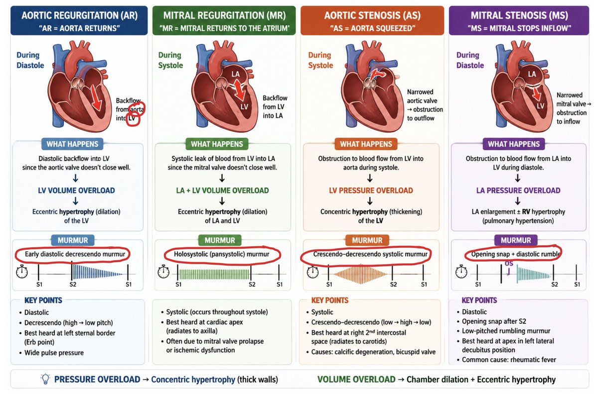 carrenstudies's tweet photo. High yield!

Mnemonic: MR. ASS, MS. ARD.

Systolic:
- Mitral regurgutation = Holosystolic murmur. 
- Aortic stenosis = crescendo-decrescendo systolic.

Diastolic:
- Mitral stenosis = diastolic opening snap.
- Aortic regurgitation = early diastolic decrescendo murmur. 

#studytwt https://t.co/DjIjRuqyAG