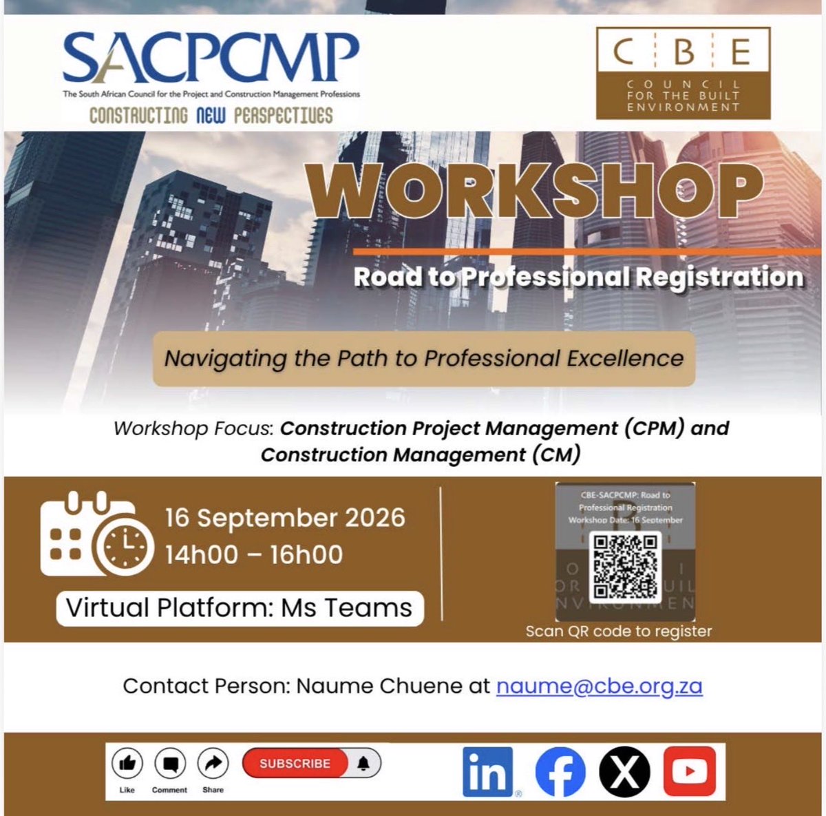 cbe_rsa's tweet photo. @cbe_rsa &amp; @SACPCMP invite you to the Road to Professional Registration Workshop ,supporting professionalisation of the public sector &amp; empowering your career growth.

Scan the QR code or click the link: https://t.co/miEanUuu19

#Professionalisation #BuiltEnvironment https://t.co/KXDDhMAq6O