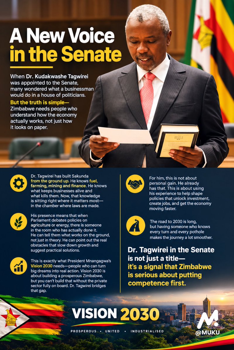CMukungunugwa's tweet photo. A New Voice in the Senate

When Dr. Kudakwashe Tagwirei was appointed to the Senate, many wondered what a businessman would do in a house of politicians. But the truth is simple Zimbabwe needs people who understand how the economy actually works, not just how it looks on paper.

Dr. Tagwirei has built Sakunda from the ground up. He knows fuel, farming, mining, and finance. He knows what keeps businesses alive and what kills them. Now, that knowledge is sitting right where it matters most in the chamber where laws are made.

His presence means that when Parliament debates policies on agriculture or energy, there is someone in the room who has actually done it. He can tell them what works on the ground, not just in theory. He can point out the real obstacles that slow down growth and suggest practical solutions.

This is exactly what President Mnangagwa's Vision 2030 needs—people who can turn big dreams into real action. Vision 2030 is about building a prosperous Zimbabwe, but you can't build that without the private sector fully on board. Dr. Tagwirei bridges that gap.

For him, this is not about personal gain. He already has that. This is about using his experience to help shape policies that unlock investment, create jobs, and get the economy moving faster.

The road to 2030 is long, but having someone who knows every turn and every pothole makes the journey a lot smoother. Dr. Tagwirei in the Senate is not just a title it's a signal that Zimbabwe is serious about putting competence first.