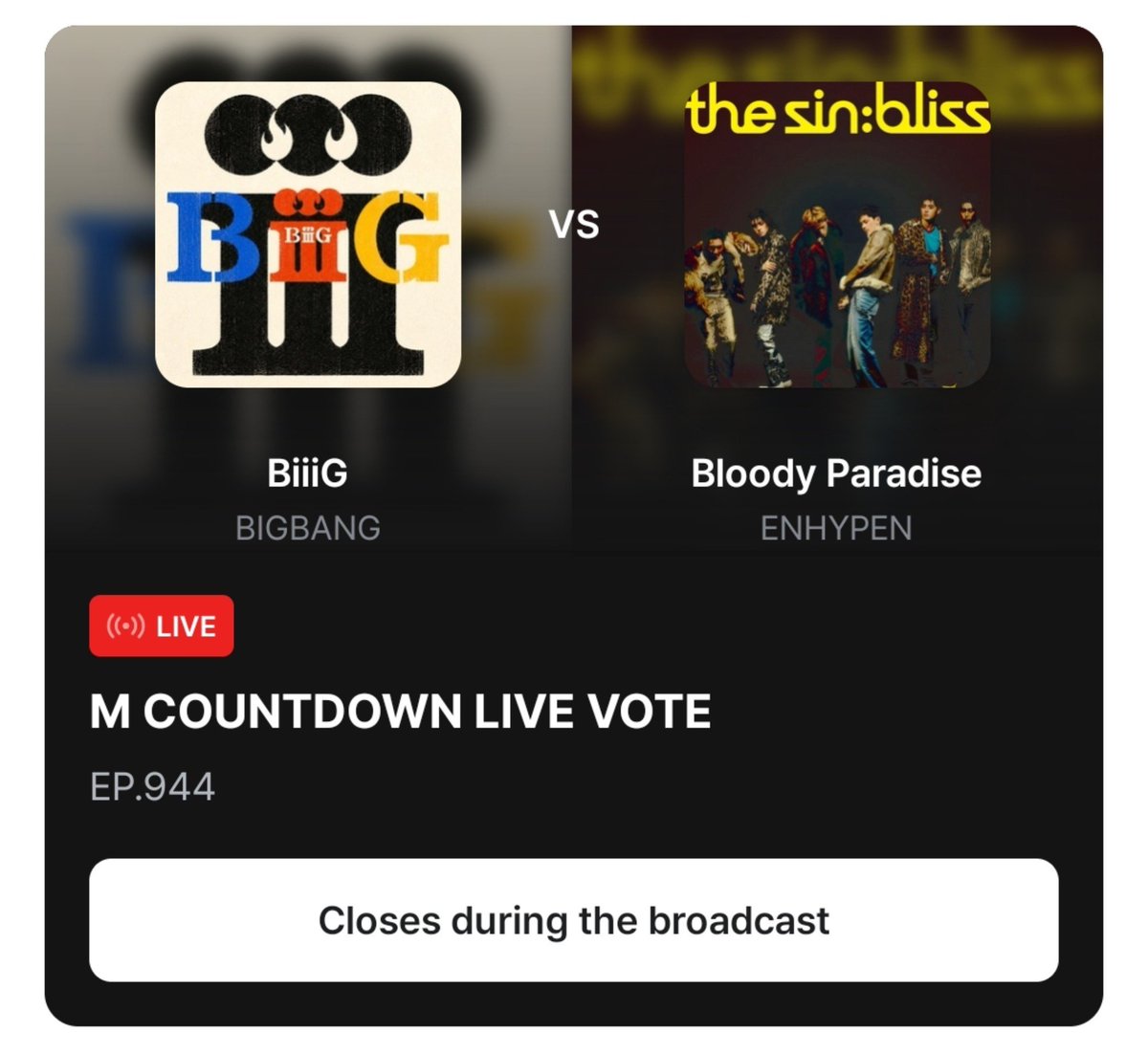 encodevt's tweet photo. [MNET PLUS] — MCD LIVE VOTE START

ENGENEs! 🚨 LIVE VOTING for MCountdown has started, with ENHYPEN’s ‘Bloody Paradise’ nominated for 1st place! 🏆

🗳 5 votes per acct/device

Let’s get this double crown in MCD! 💪

 #ENHYPENonMcountdown #BloodyParadise #THE_SIN_BLISS #ENHYPEN https://t.co/FJkr6X6xeI