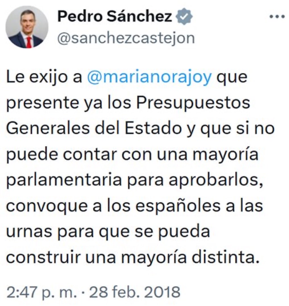 Paciente45166's tweet photo. Han pasado 1341 días desde que se presentaron los últimos Presupuestos Generales.
Y Pedro Sánchez sigue sin asumir responsabilidades, ni dimitir. 

1341 días sin que el @PSOE presente presupuestos. 
1341 días que en el @PSOE siguen despreciando a los españoles. https://t.co/uqgKzAHoGs