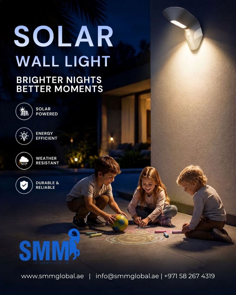 SMMGlobalTrade's tweet photo. Brighten your nights with smart solar lighting! ☀️💡 SMM Global Solar Wall Lights are energy-efficient, weather-resistant &amp; built for reliable outdoor illumination.

📞 +971 58 267 4319
🌐 https://t.co/0dwiKlxKC3
#SolarLighting #Dubai #OutdoorLighting https://t.co/ajCvFZ4mr7