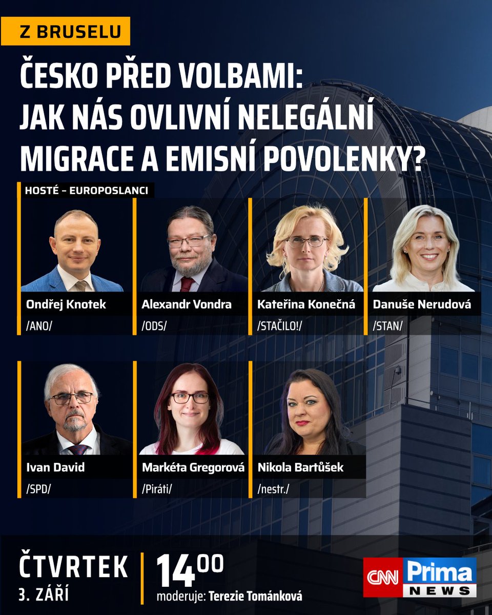 CNNPrima's tweet photo. Co ukázal nedávný vpád migrantů z Maroka do španělské Ceuty státům Evropské unie v rámci boje proti nelegální migraci? A Česko před podzimními volbami: jak ovlivní naše životy a peněženky nový systém emisních povolenek pro budovy a dopravu? Odpoví Ondřej Knotek, Alexandr Vondra, Danuše Nerudová, Kateřina Konečná, Markéta Gregorová, Ivan David a Nikola Bartůšek. Sledujte reprízu předvolebního speciálu „České zájmy v Evropě“ s diváky ve studiu přímo z Evropského parlamentu v Bruselu. Dnes od 14:00 na CNN Prima NEWS.