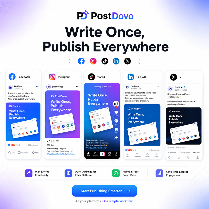 Postdovo_PD's tweet photo. Write once, publish many—properly. PostDovo generates platform-specific captions and images for Facebook, Instagram, TikTok, LinkedIn and X so each post feels native to the channel.

Get Started Free

#Content https://t.co/kZ0icESv56