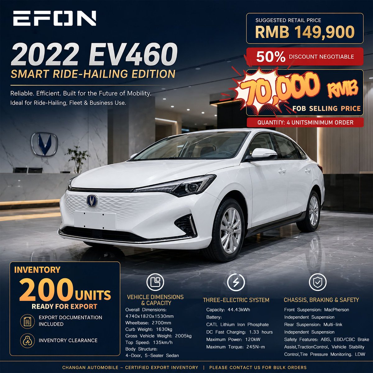 EFON_Motors's tweet photo. 200 EV460 Zhihuan units ready for export.

 CATL LFP 44.43 kWh | 120 kW | 245 N·m

FOB RMB 70,000/unit | MOQ 4

Factory-direct supply, customization and bulk pricing.

🌐 https://t.co/hQXAToM7VN

#EV #ElectricSedan #EVFleet #AutoWholesale #EFONMotors
#automobile #CarDistributor https://t.co/gS1gdqlK9w