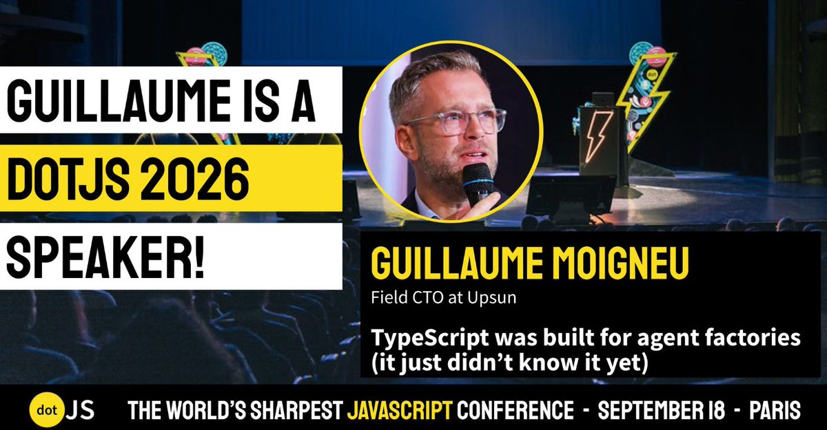 dotJS's tweet photo. What if TypeScript was secretly built for the age of AI agents all along? Guillaume Moigneu thinks so, and he's here to make the case.

Joining us for dotJS, @guillaumedotid will be speaking about: TypeScript was built for agent factories (it just didn't know it yet).

Guillaume is Field CTO at @Upsundotcom (formerly https://t.co/qBs8dPF6nD), where he leads the AI practice: internal change management, user-facing features, and the parts in between. Twenty-five years into a career in software development, he still can't walk past a watch or a camera without wanting to open it. These days the thing he's trying to take apart and augment is himself, with AI, and he's wondering whether the same trick works on a whole engineering organisation.

Running agents at scale is a manufacturing problem, and Guillaume argues TypeScript already has the production line: types as contracts, schemas as runtime guarantees, tests that prove the agent built the right thing. None of it was designed for agents. All of it is exactly what they need.

For more info on the agenda & the speakers (+ to get tickets!): 

🟡 https://t.co/pehPvtvHH0