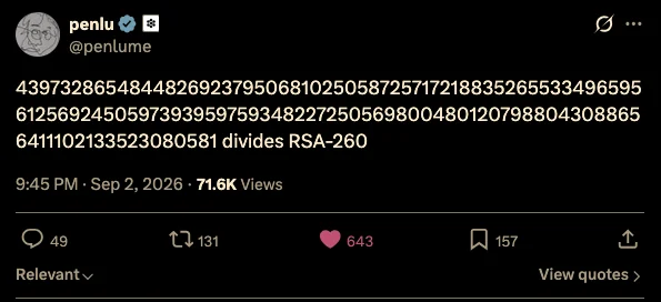 mihaivalentinc's tweet photo. RSA-260 had sat unfactored since the challenge list was published, and today Eric Lu posted a 130-digit prime that divides it, with a cofactor that multiplies back to the published N, and no method.

It is 260 decimal digits, 862 bits, the next challenge number after RSA-250 which fell in 2020.