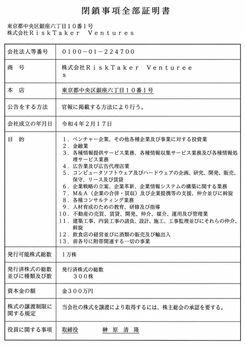 wwfxinfo_tw's tweet photo. 登記情報でも佐藤亮太氏を確認👀

この法人は閉鎖条項の取締役に「榊原 清隆」が存在

榊原氏はGEMFOREX疑惑T氏が代表の法人
「株式会社RiskTakerVenture」の閉鎖条項にも取締役として名前がでてくる人物

またT氏と繋がりが見つかりましたね🙄
https://t.co/Ol42Gh6674 https://t.co/C6Gd6qqnyI