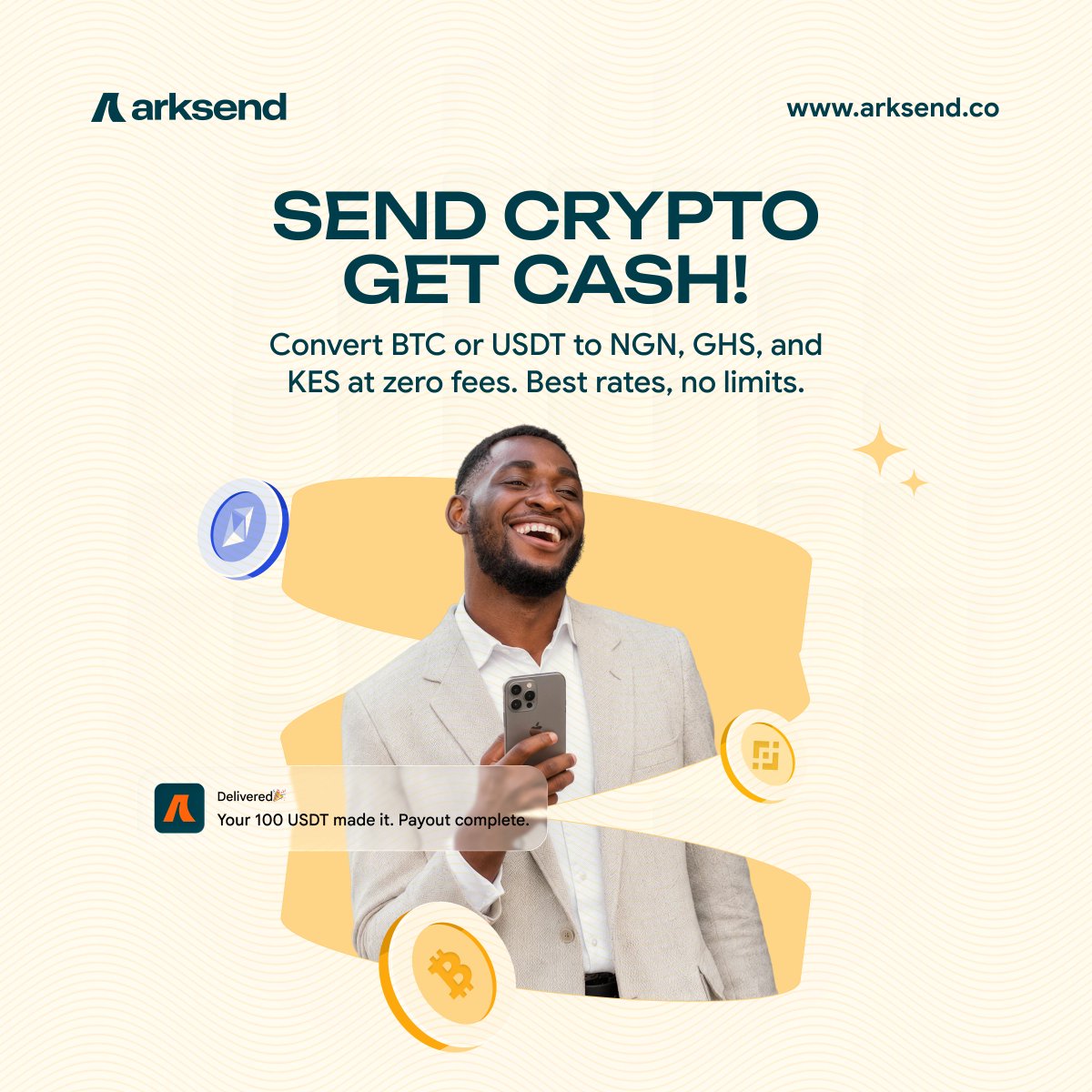 usearksend's tweet photo. Stop paying to convert your crypto. Get the best USDT &amp; BTC rates, converted instantly to NGN, GHS &amp; KES. Try Arksend today.