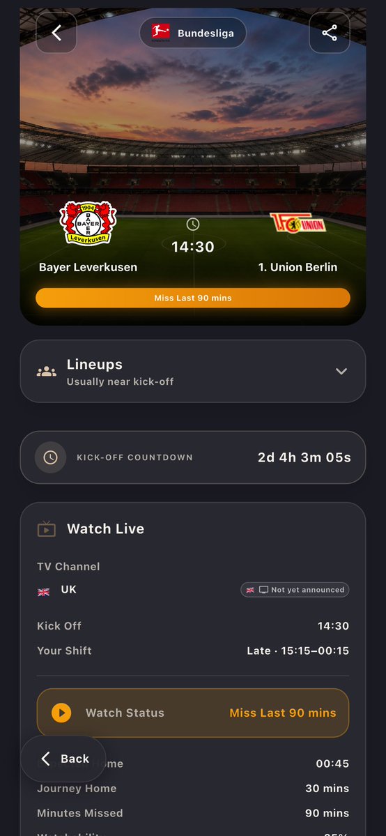 Rotamatch's tweet photo. ⚽ German League Added 🇩🇪

Bayer Leverkusen vs 1. Union Berlin
14:30 • Bundesliga

Working shifts? RotaMatch shows which matches you can watch live. 📅⚽

Download: https://t.co/CjE1sEmgN5

#B04 #FCU #Bundesliga #Football #RotaMatch #ger #liga #app #calendar #uk #bayern #bayer https://t.co/y9IKNrzL8Q