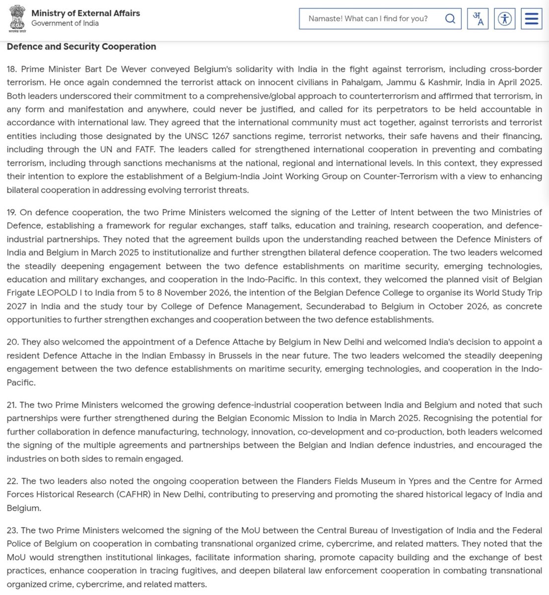 sidhant's tweet photo. Belgium condmns Pahalgam terror attack, both countries "agreed that the international community must act together, against terrorists and terrorist entities including those designated by the UNSC 1267 sanctions regime"

Joint statement: https://t.co/P8eGviqZLE