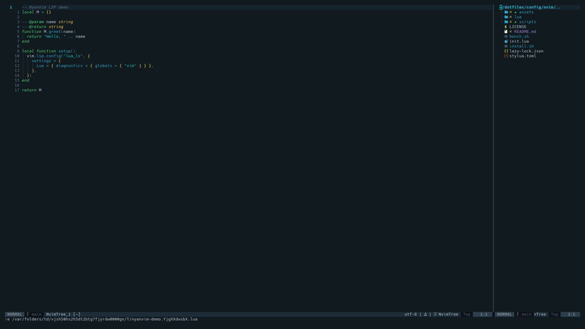 kyuna0312's tweet photo. 🐱 NyanVim

A small, fast Neovim setup you can actually understand and make your own.

⚡ ~30ms startup
🤖 Claude / OpenCode / Ollama
🌙 ~1,200 lines of Lua
https://t.co/d0vVBCNvvh
https://t.co/Q5QSUNdfj2
#neovim #opensource https://t.co/mxsD7I8kmp