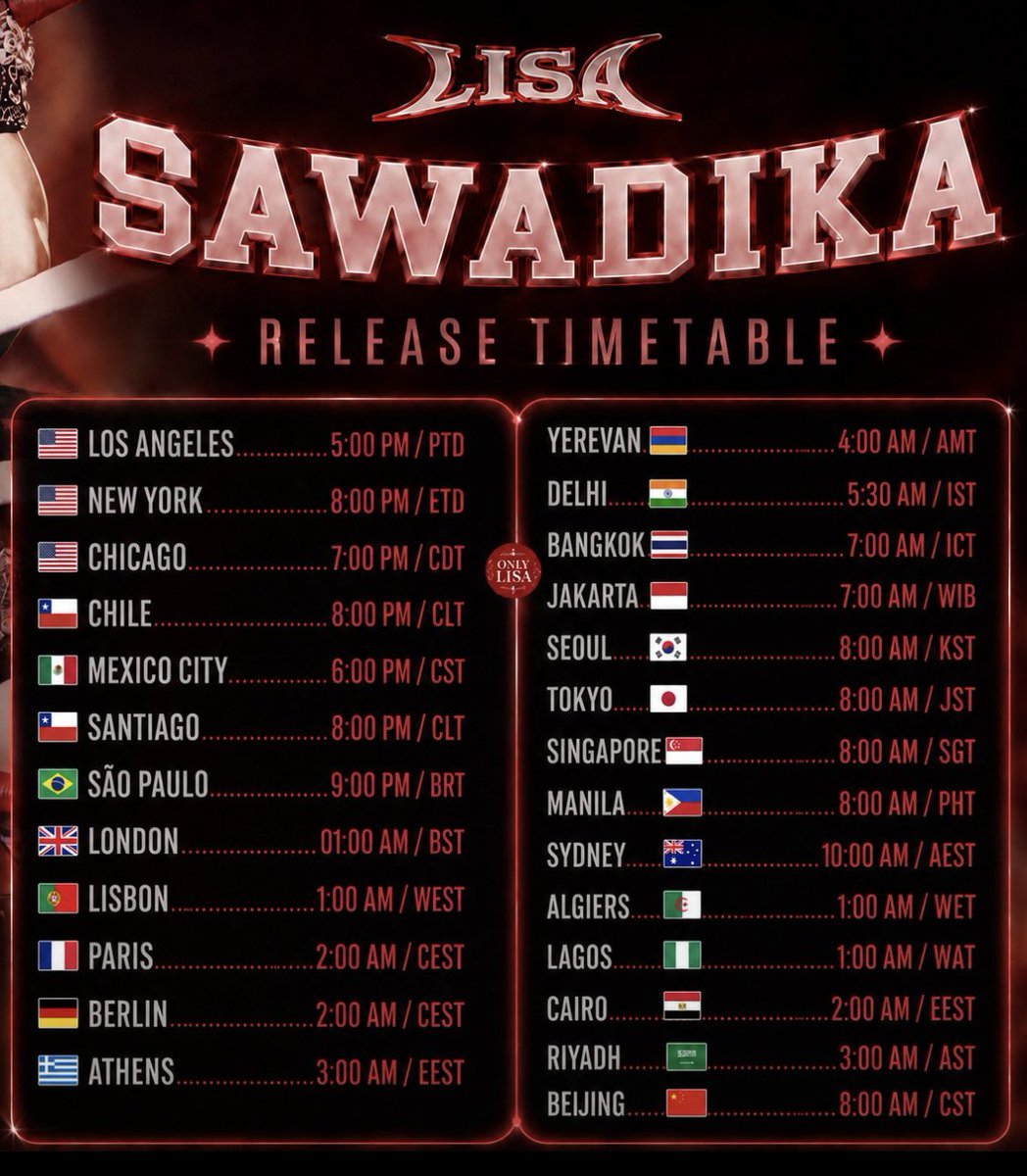 MusicOfficial26's tweet photo. 🌍🔥 “SaWaDiKa” IS TAKING OVER THE WORLD!

LISA’s highly anticipated release lands on September 3 in many countries, while some time zones will officially see it on September 4. 🇹🇭🌎

Get your clocks ready. ⏰👀
THE LALISA ERA IS HERE! 👑🔥

#LISA #SaWaDiKa #LISAxSaWaDiKa #LLOUD https://t.co/MfY4kFr0zp