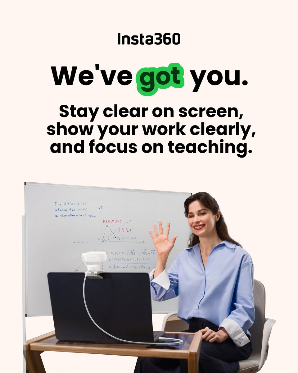 insta360vc's tweet photo. New semester? You've got this. 🍎

With Link 2 Pro's 4K AI webcam, you can:
🎥 Show every lesson in 4K clarity
📄 Share notes, whiteboards, and teaching materials clearly
🎯 Stay in frame automatically while you teach
✨ Keep class notes and summaries organized

Upgrade your setup with a smarter conferencing camera. Labor Day savings: up to 30% off.