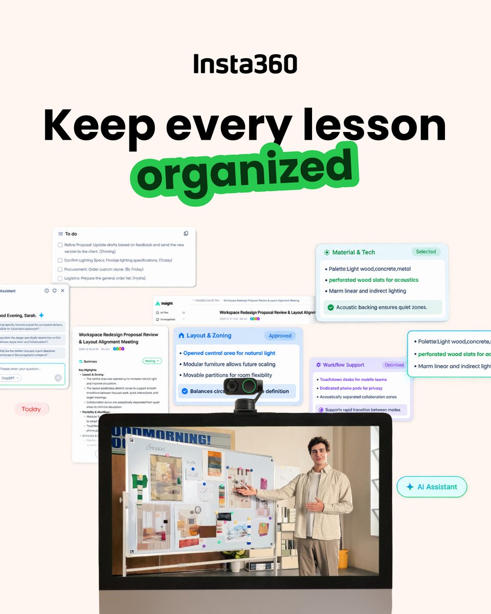 insta360vc's tweet photo. New semester? You've got this. 🍎

With Link 2 Pro's 4K AI webcam, you can:
🎥 Show every lesson in 4K clarity
📄 Share notes, whiteboards, and teaching materials clearly
🎯 Stay in frame automatically while you teach
✨ Keep class notes and summaries organized

Upgrade your setup with a smarter conferencing camera. Labor Day savings: up to 30% off.