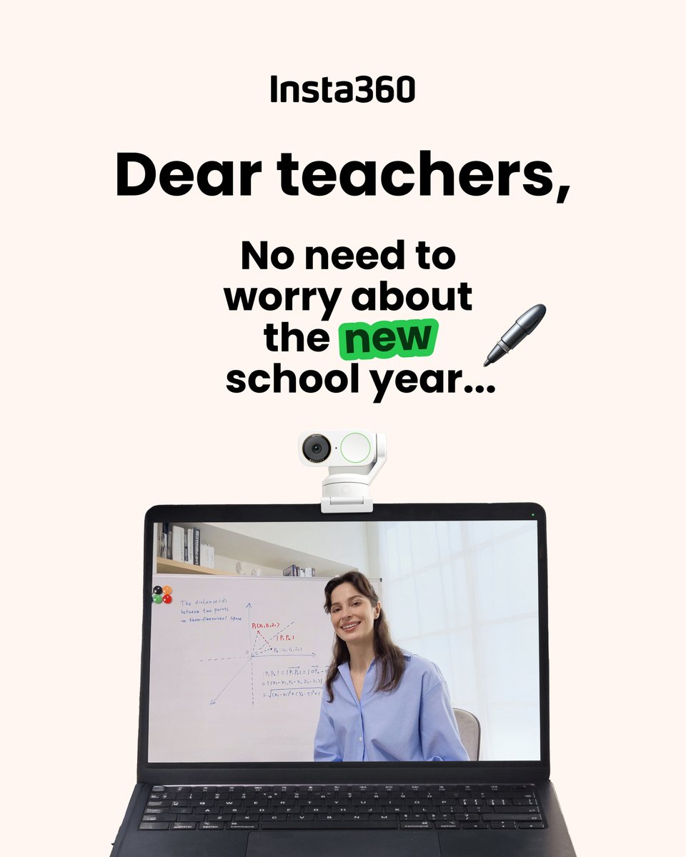 insta360vc's tweet photo. New semester? You've got this. 🍎

With Link 2 Pro's 4K AI webcam, you can:
🎥 Show every lesson in 4K clarity
📄 Share notes, whiteboards, and teaching materials clearly
🎯 Stay in frame automatically while you teach
✨ Keep class notes and summaries organized

Upgrade your setup with a smarter conferencing camera. Labor Day savings: up to 30% off.