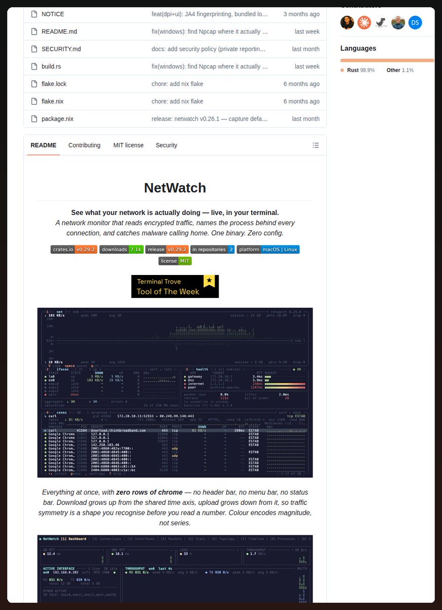 tom_doerr's tweet photo. NetWatch is a lightweight, zero-config alternative to Wireshark for network triage that reads encrypted traffic to name processes and detect malware beacons.

https://t.co/1uD5MFsopq https://t.co/sJMoFzQX5t