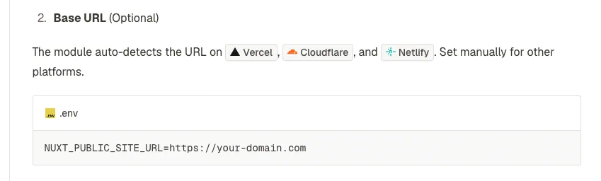 Documentation screenshot showing inline chips for Vercel, Cloudflare, and Netlify in the Base URL setup instructions.