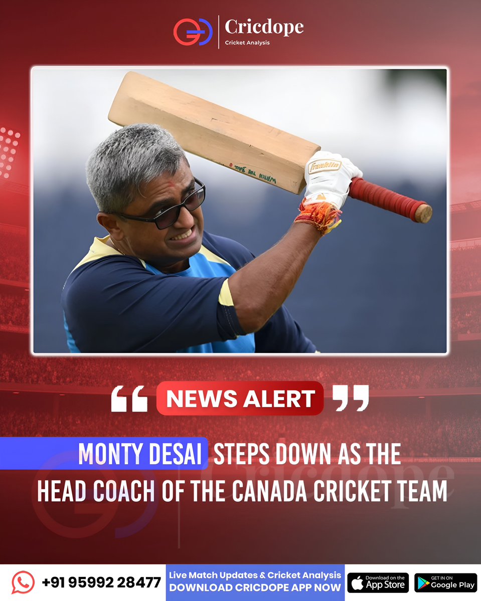 cricdope's tweet photo. nd of a short stint! ๐จ๐ฆ๐
Monty Desai steps down as the head coach of the Canada menโs cricket team after 3 months in charge. Cricket Canada is on the hunt for a new head coach! ๐จ๐ฆโก
#MontyDesai #CanadaCricket #CricketNews #CWCLeague2 #Cricdope https://t.co/O4T1yNWri6
