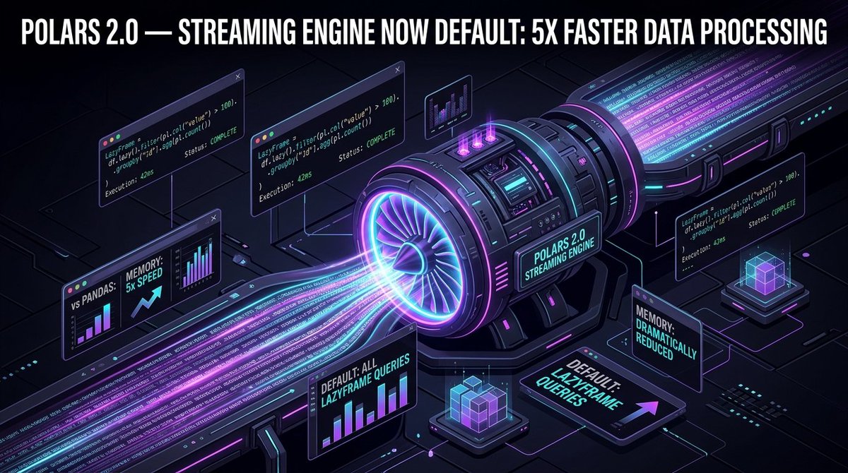 0xQuanNguyen's tweet photo. The Python data world just got a free 5x speed upgrade—no code changes required.

Polars 2.0 is officially in pre-release, and the streaming engine is now the default for all LazyFrame queries.

Here is what this means for every data engineer and AI builder:

The Pandas alternative just became the Pandas replacement:
- Every LazyFrame `.collect()` call now automatically runs on the streaming engine—up to 5x faster with dramatically lower memory usage on most real-world queries.
- The only breaking change: operations like `join`, `group_by`, and `unpivot` no longer guarantee row order by default (add `maintain_order=True` to preserve it).
- Full migration guide is live at https://t.co/Veyf2WfXCB for the definitive 2.0 release coming in the next few weeks.

Polars didn't just release a new version today. It made Pandas obsolete for production data pipelines.