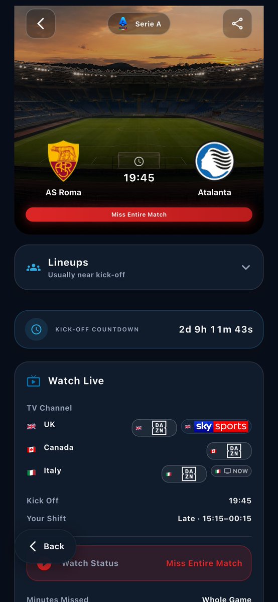 Rotamatch's tweet photo. ⚽ Italian Football added to the app 🇮🇹👈

AS Roma vs Atalanta
19:45 • Serie A

Working shifts? RotaMatch shows which matches you can watch live. 📅⚽

Download: https://t.co/CjE1sEmgN5

#ASRoma #AtalantaBC #SerieA #Football #RotaMatch #italia #futbol #liga #livefootball #scores https://t.co/WfOyvyDgOJ