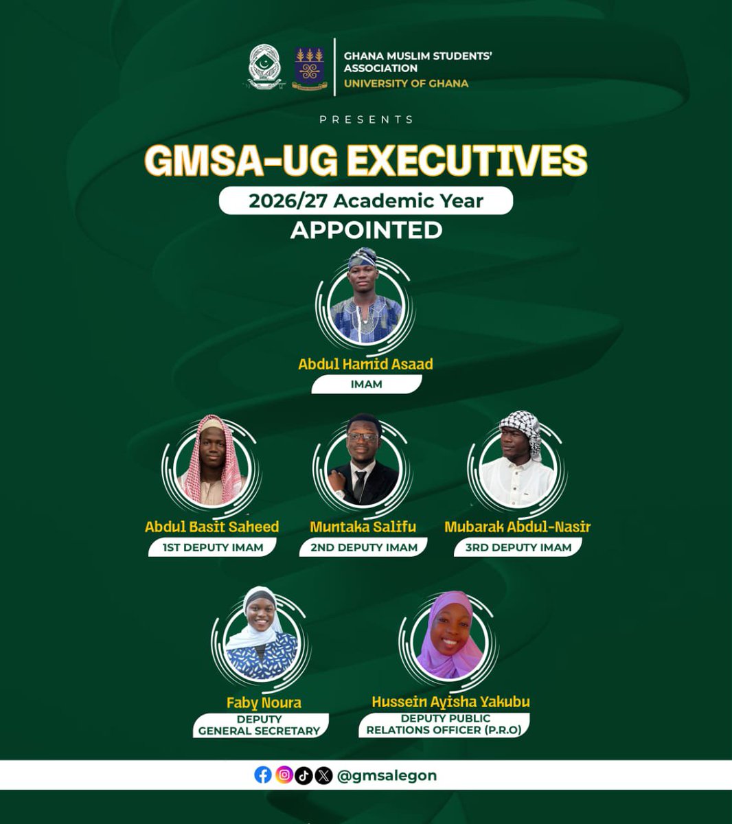 gmsalegon's tweet photo. Assalamu alaikum wa rahmatullah wabarakatuhu
The appointed leadership of GMSA-UG for the 2026/27 academic year is now complete.
A new season, a new team, a shared vision. 💚🤍✨
#gmsa #universityofghana #muslim https://t.co/MOgt6Q6rhy