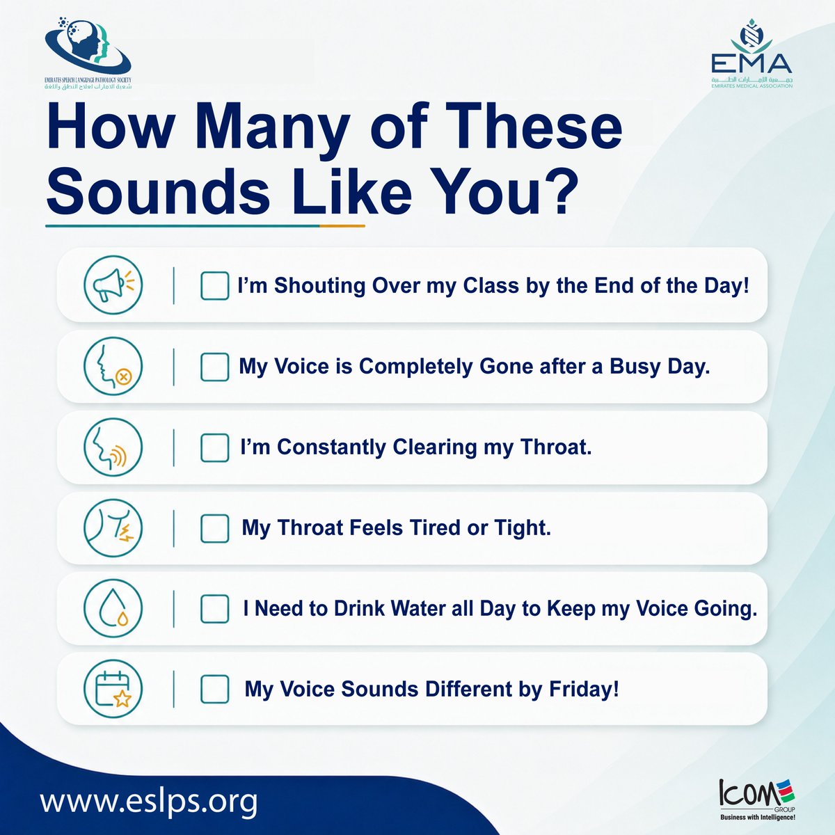 EmiratesSlp's tweet photo. How Healthy Is Your Teacher Voice?
Teachers, your voice is your superpower!  But with long hours of teaching and constant speaking, your voice may need more care than you realize.
Take our 30-second Voice Challenge and see how many symptoms sound familiar

#VocalHealth #ESLPS https://t.co/VwFV4HJnl9