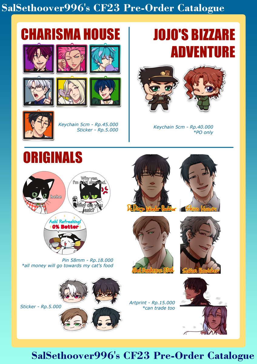 Salstilav_996's tweet photo. [RT appreciated]
PO Merch CF 23
Booth Kacang Laut Dugem (nomor TBA) Both Days

📕: Sengoku Basara, SAW, Supernatural, NGO/NSO, Hazbin Hotel, BTD, DMC, Resident Evil, CRSM, JJBA, Original
🕛: 3 Sept - 10 Sept
🎟: https://t.co/RbOFXi0gG9

Bisa OTS atau dikirim, terima kasih 🙏 https://t.co/ococ53rMPg