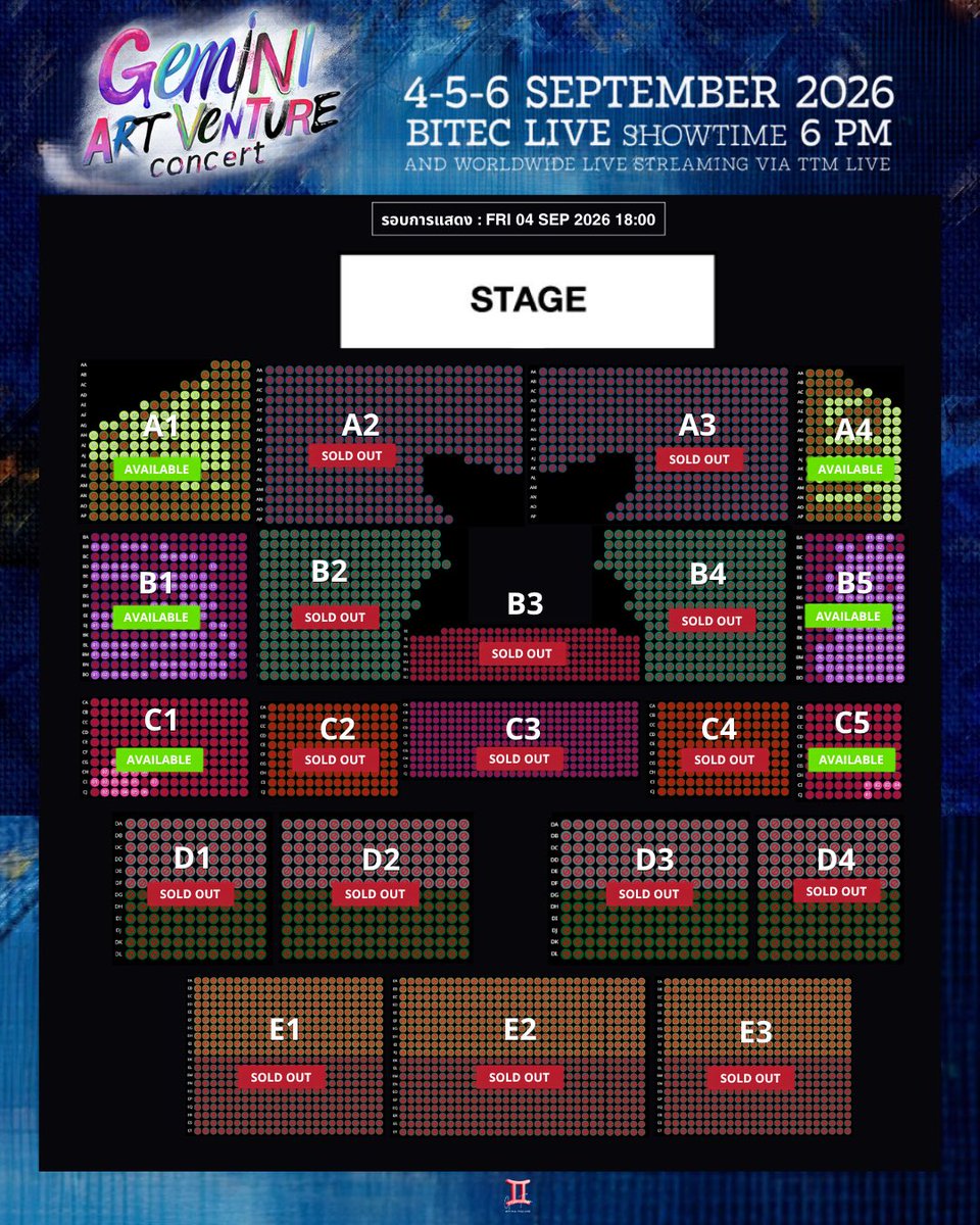 Geminint_family's tweet photo. 𝐆𝐄𝐌𝐈𝐍𝐈 𝐀𝐑𝐓-𝐕𝐄𝐍𝐓𝐔𝐑𝐄 𝐂𝐎𝐍𝐂𝐄𝐑𝐓
🗓️4-5-6 กันยายน 2569 📍BITEC LIVE

📢 Update ✨🎟️ 
แผนผังที่นั่งจำนวนบัตรคงเหลือของ #GeminiConcert วันที่ 4 กันยายน‼️
#Gemini_NT #เจมีไนน์ @gemini_ti

อีกนิดเดียวเท่านั้น… เรากำลังจะได้เจอกันแล้วนะคะทุกคน! 🥹💙

ใครยังไม่มีบัตร รีบจับจองที่นั่งแล้วมาออกเดินทางไปใน ART-VENTURE ครั้งนี้ด้วยกันน้าาา 🫶🏻✨
🎟️ สามารถซื้อบัตร และ Live streaming ได้ที่ :
📍https://t.co/1y5Q1IvMFS