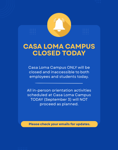 GBPolytech's tweet photo. ⚠️ Casa Loma Campus closure – September 3 ⚠️

Due to a power outage caused by extreme weather, Casa Loma Campus is closed and inaccessible today.

All in-person Orientation activities at Casa Loma will not proceed as planned. The daycare centre is also closed. 

Please monitor your George Brown email and our website for updates.