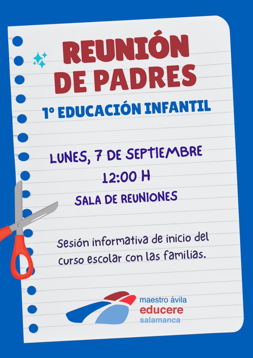 cmaestroavila's tweet photo. ¡Comienza el nuevo curso escolar! 
Convocamos a todas las familias de 1º de Educación Infantil a la sesión informativa inicial donde trataremos aspectos clave para el inicio de curso y el proceso de adaptación.
Fecha: Lunes, 7 de septiembre
Hora: 12:00 h
Lugar: Sala de reuniones https://t.co/Yu5PzC6Lwo