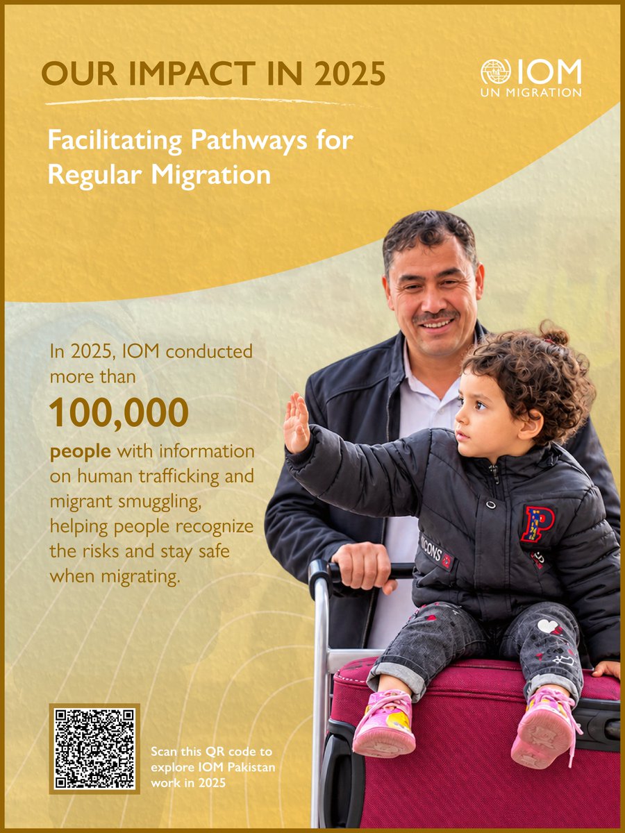 IOM_Pakistan's tweet photo. Did you know? In 2025, IOM Pakistan reached close to one million people through emergency response, health services and safer migration initiatives.  

Behind every number is a person, a family and a story.  

📘 IOM Pakistan Annual Report 2025 is live. 

https://t.co/VLeGUdh3xg https://t.co/ppyeqpRXyx