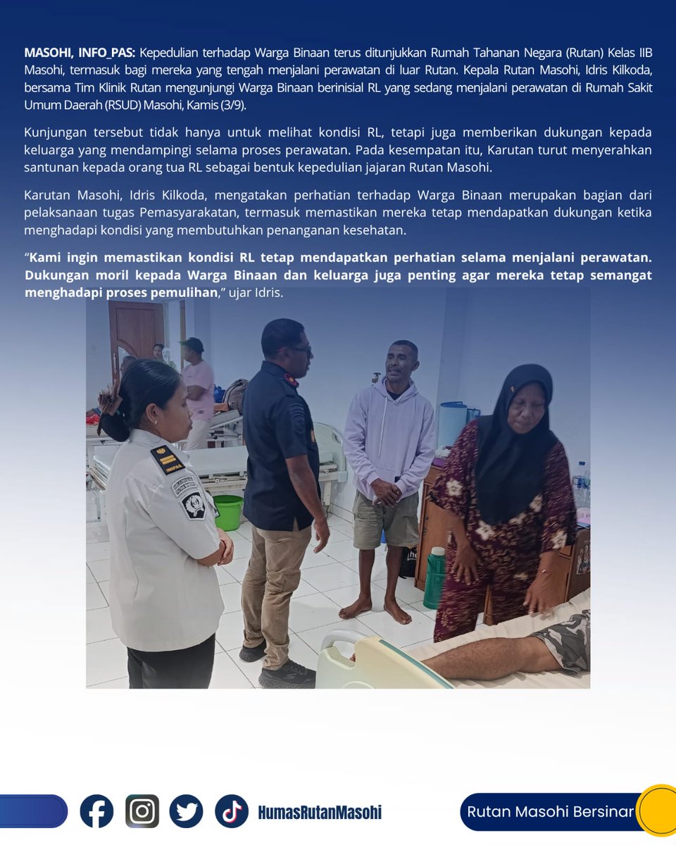 helpdesk_masohi's tweet photo. 𝐁𝐀𝐒𝐔𝐃𝐀𝐑𝐀 𝐏𝐀𝐌𝐀𝐇𝐀𝐍𝐔 𝐍𝐔𝐒𝐀

"Karutan Masohi Jenguk Warga Binaan di RSUD Masohi"

Baca Selengkapnya disini 👇👇👇
https://t.co/Tto9gP7KhU

#kemenimipas
#ditjenpas
#kanwilditjenpasmaluku
#rickydwibiantoro
#astacitapresiden https://t.co/GozD0aC683